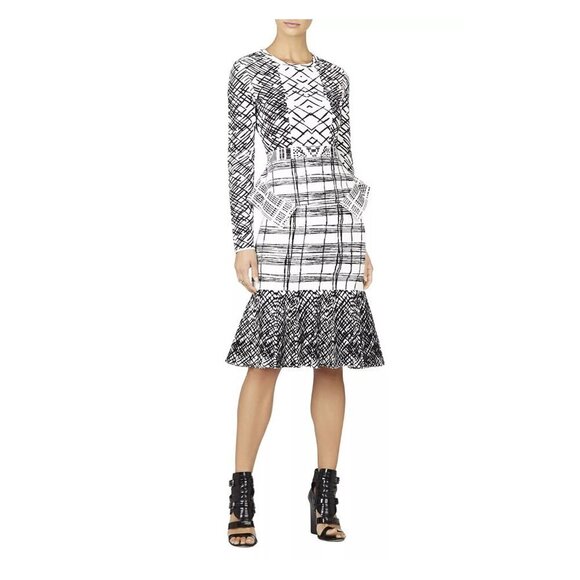 BCBGMAXAZRIA Emmanuelle Jacquard Peplum Dress White Black - Picture 1 of 8